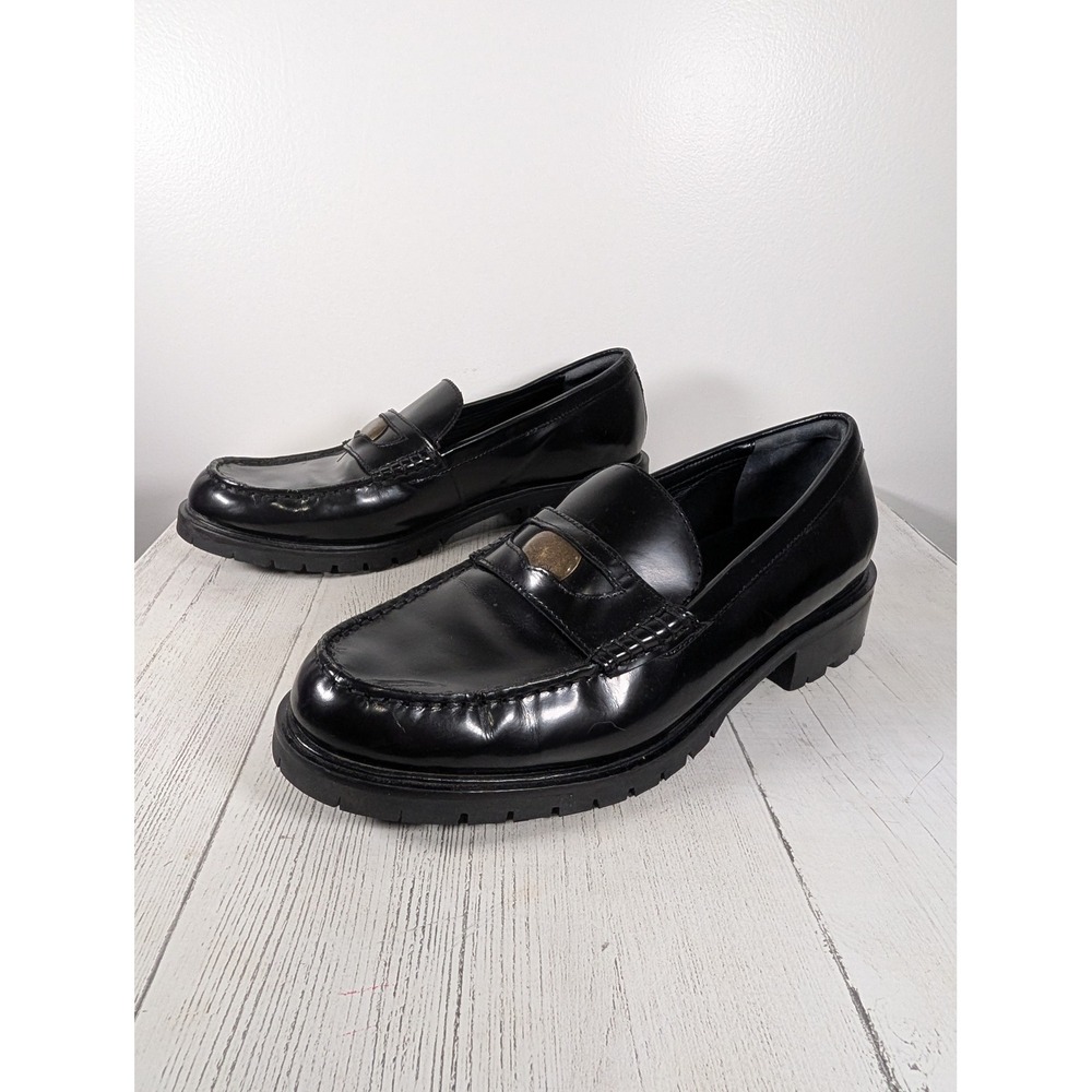 Free People Black Leather Penny Loafers Gold Coin Chunky Lug Sole EU 40 US 9.5